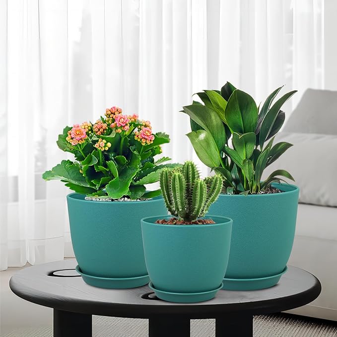 Flower Pots 10/9/8 inch, Set of 3 Modern Decorative Plastic Planters with Drainage Holes and Tray for House Plants Indoor Flowers Plants, Plant Pots for Indoor Outdoor Plants, Blue Green