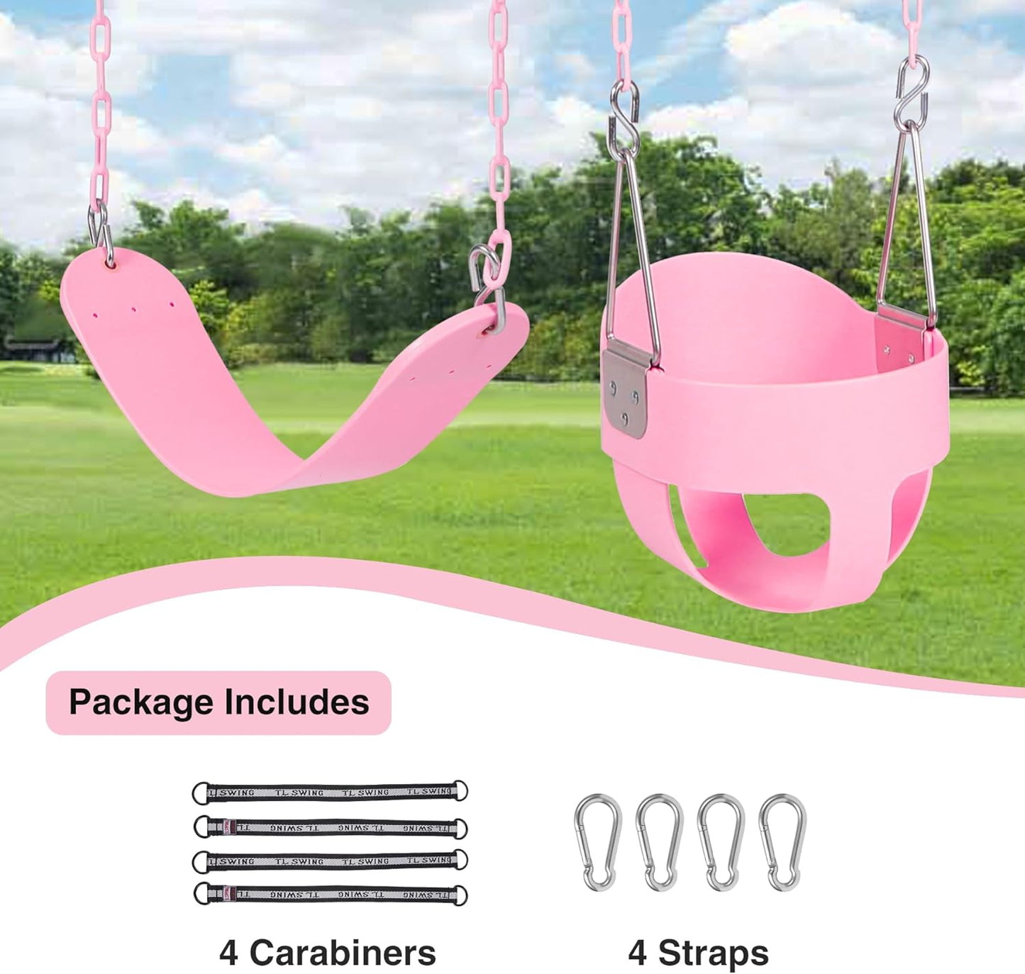 RedSwing High Back Full Bucket Swing with Heavy Duty Swing Seat Combo Pack (Triangle and Chain Dip), Tree Straps Included, Pink