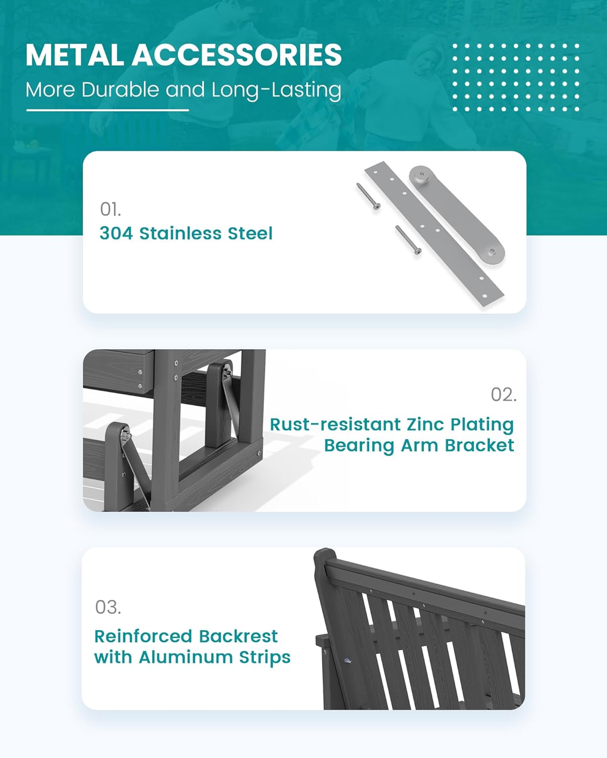 SERWALL Outdoor Glider Bench Set of 2, HDPE Weather-Resistant Swinging Bench for Backyard Garden Porch, Grey