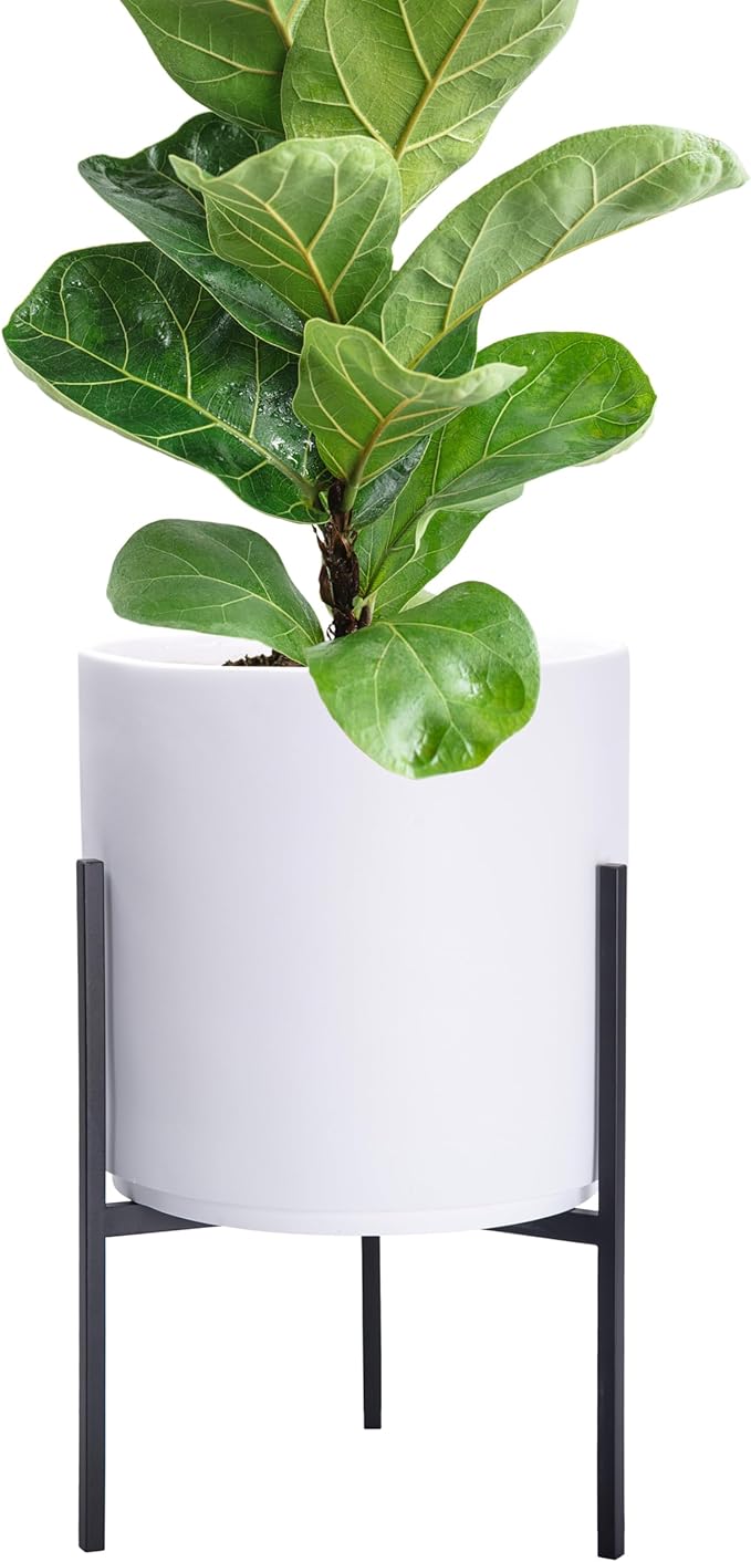 D'vine Dev Modern White Plants Pot Cylinder Planter with Heavy Duty Stand, Small 8 Inch Pot, 15 Inch with Stand Height, 96-T-A-1