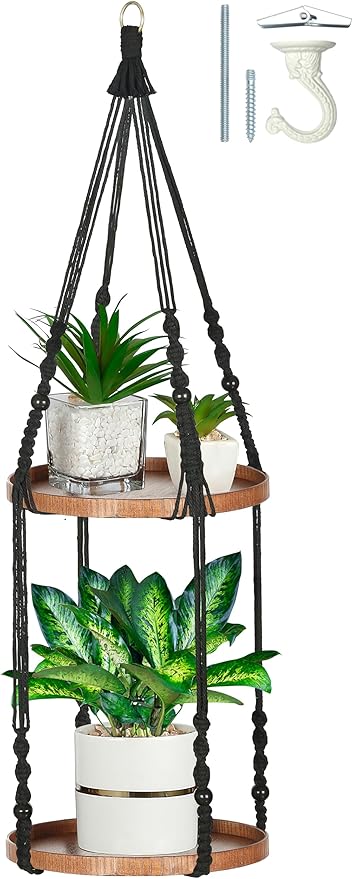 2 Tier Macrame Plant Hanger | Plant Hanger Indoor, Hanging Planter | Hanging Planter Shelf (Black) (Large, 12" Shelf)
