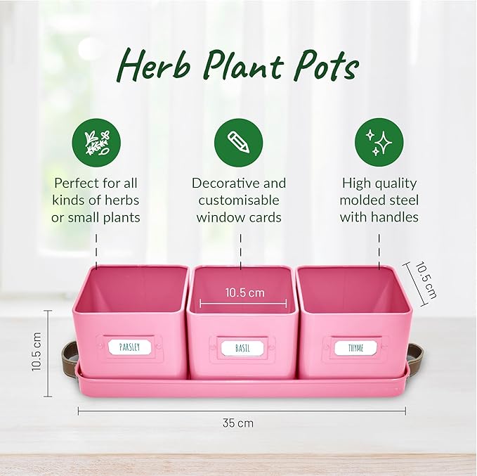 Herb Planter Indoor - Set of 3 Pink Indoor Herb Garden Pots for Plants with Leather Handled Tray - Window Sill Plant Shelf - Herb Pots with Drainage Holes and Labels