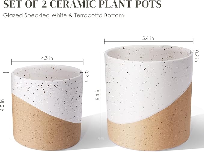 Ceramic Pots for Indoor Plants, 2 Set Flower Pots 5.4/4.3 Inch with Drainage, Double Color Glazed Speckled White & Terracotta Bottom Ceramic Planter Idea for Plant Lovers