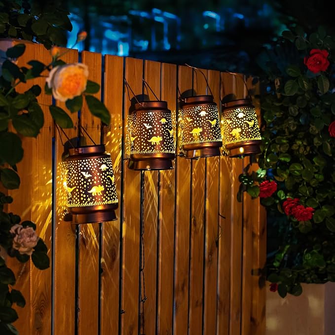 Dinosaur Solar Lanterns Outdoor Waterproof Hanging Solar Lights Dinosaur Gifts for Women Men Metal Decorative LED Dinosaur Lanterns for Garden Decor,Yard,Patio,Lawn,Tabletop,Pathway,Landscape
