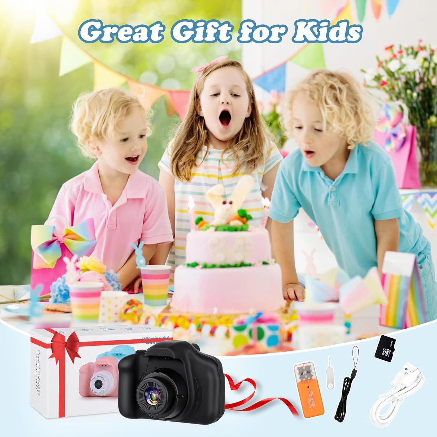 Kids Camera,HD Digital Video Camera,Childrens Toys for 3 4 5 6 7 8 9 Year Old Boys/Girls,Selfie Camera for Kids,Christmas Birthday Gifts with 32GB SD Card (Black)