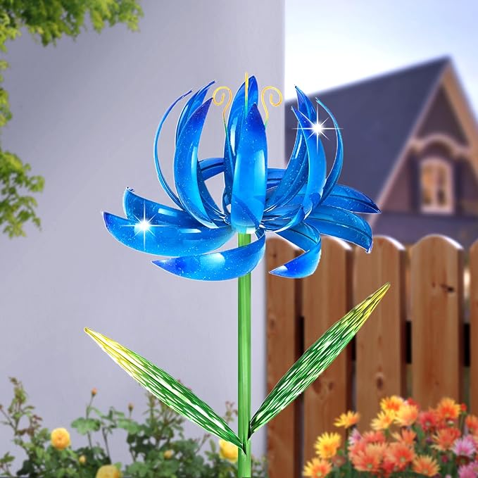 Wind Spinners Outdoor Garden Decor, 47 inch Metal Wind Sculptures Garden Gifts for Mom, Lotus Flower Windmills for Yard Backyard Lawn Decorations