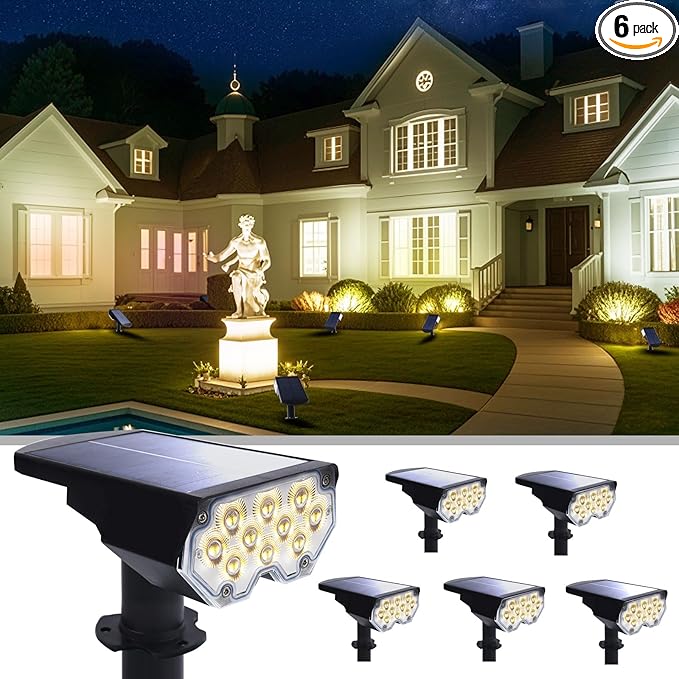 6 Pack Solar Powered Outdoor Spot Lights Outside Waterproof 20 LEDs Landscape Spotlights Dusk to Dawn for House Yard Tree, Plants, Walls, Path, Garden, Statues, Superior Accent Lamp Warm White