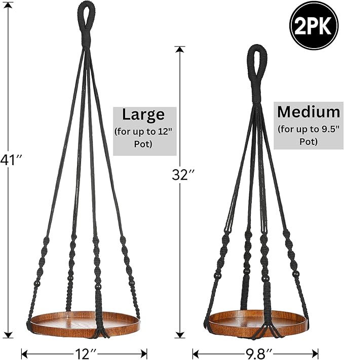 2 Pack Macrame Plant Hanger | Plant Hanger Indoor, Hanging Planter Shelf | Hanging Planter (Black) (1 Large + 1 Medium)
