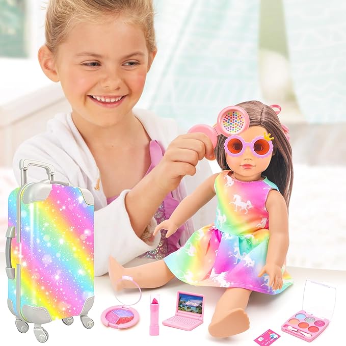 American 18 Inch Doll Accessories Travel Set Brilliant Colors Including Suitcase Luggage and Dress with Hat, Camera, Makeup Sets Dolls Travel Gear Play Set Gift for Birthday (NO Doll)