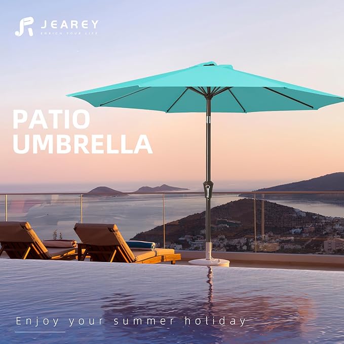 JEAREY 10FT Outdoor Patio Umbrella Outdoor Table Umbrella with Push Button Tilt and Crank, Market Umbrella 8 Sturdy Ribs UV Protection Waterproof for Pool, Garden (Turquoise)