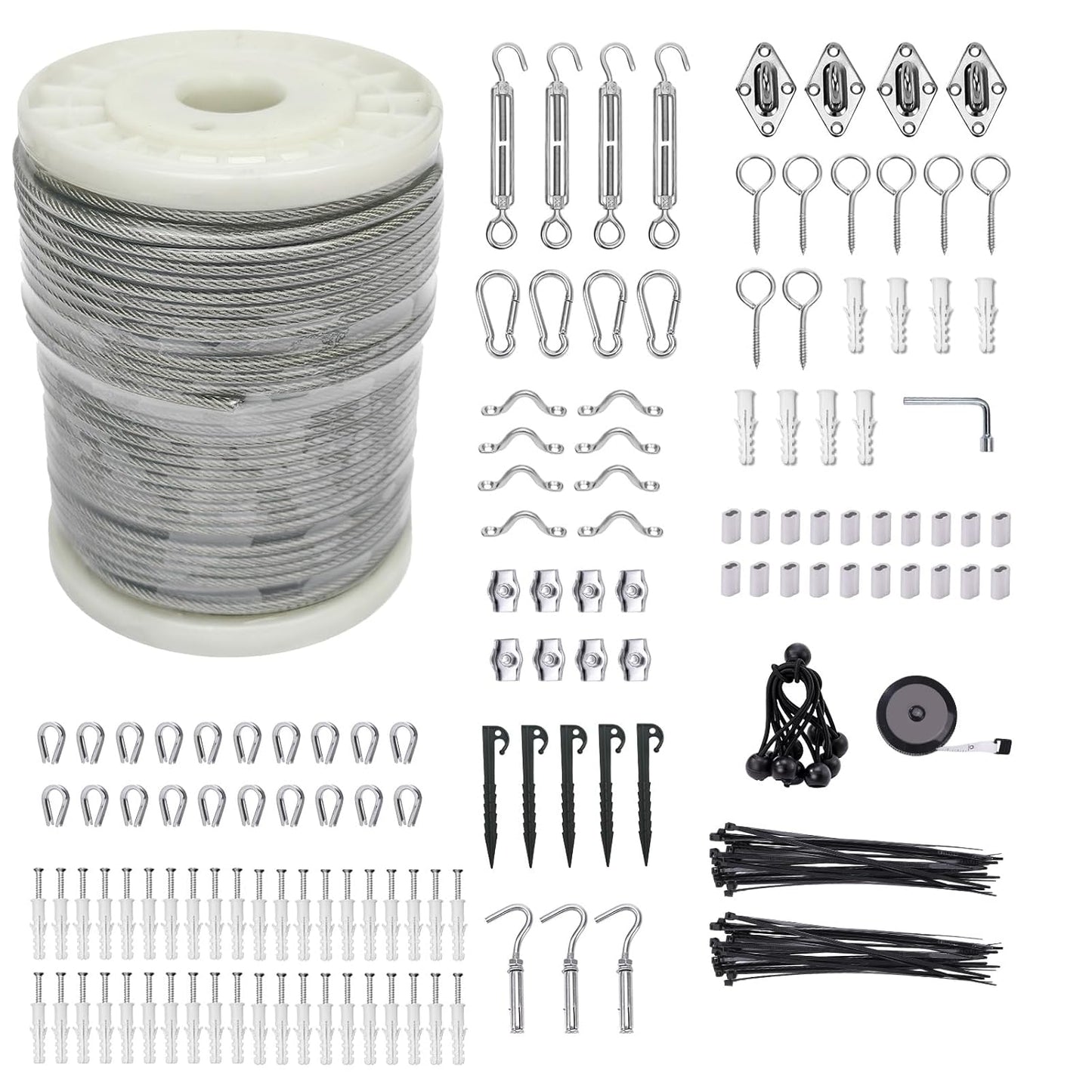 1/8" Wire Cable Rope Kit ,Vinyl Coated 304 Stainless Steel Wire – 200FT 7x7 Strand Cable with Turnbuckles,Shade Sail & Hanging Lights Hardware Kit for Outdoor, Garden,Patio, Crafts,