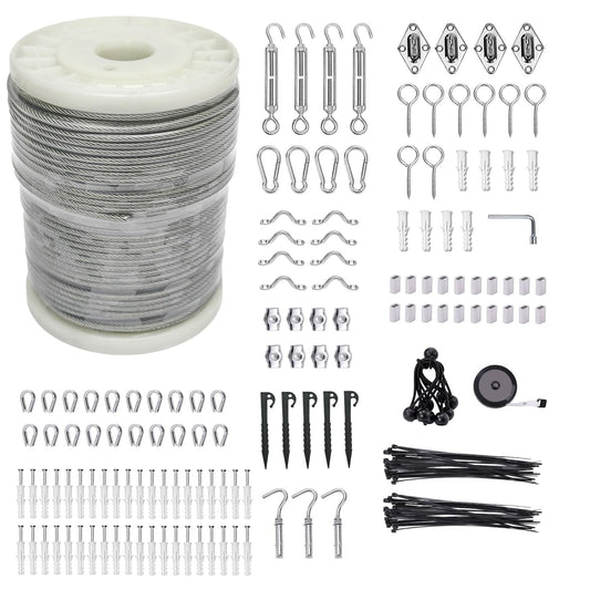 1/8" Wire Cable Rope Kit ,Vinyl Coated 304 Stainless Steel Wire – 200FT 7x7 Strand Cable with Turnbuckles,Shade Sail & Hanging Lights Hardware Kit for Outdoor, Garden,Patio, Crafts,
