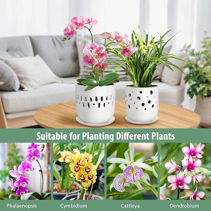 Orchid Pot, 5+6 Inch Orchid Pots with Holes, Orchid Pots for Repotting,Ceramic Flower Pots with Drainage and Tray,Planters for Indoor/Outdoor Plants - White