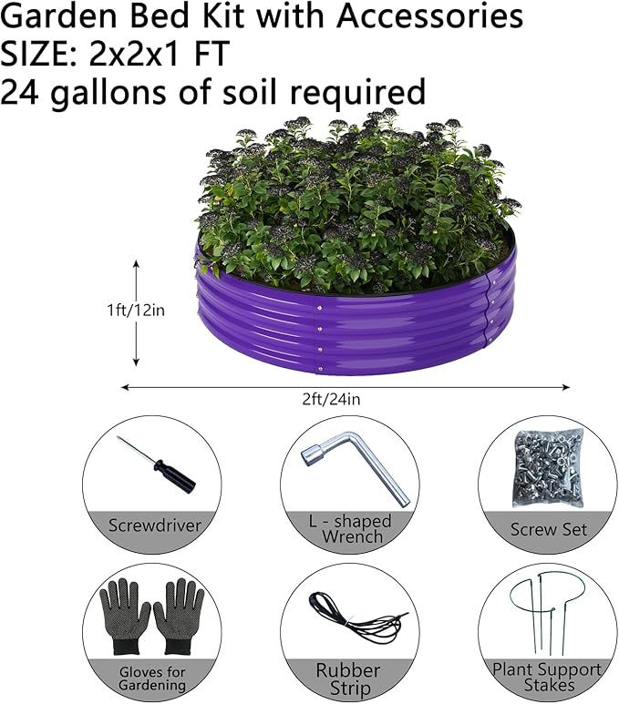 Galvanized Metal Planter Round Raised Garden Bed Kit for Gardening Outdoor,2x2x1ft Grow Garden Box Raised Flower Bed,Round Galvanized Planter Outdoor Metal Fire Pit Ring