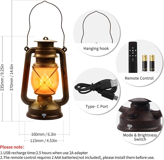 2 Pack Bronze Vintage 4 Modes Light LED Lanterns,Rechargeable Dancing Flame Lanterns Decorative Outdoor&Indoor, Remote Control Waterproof Hanging Lights for Camping,Patio Garden Pathway