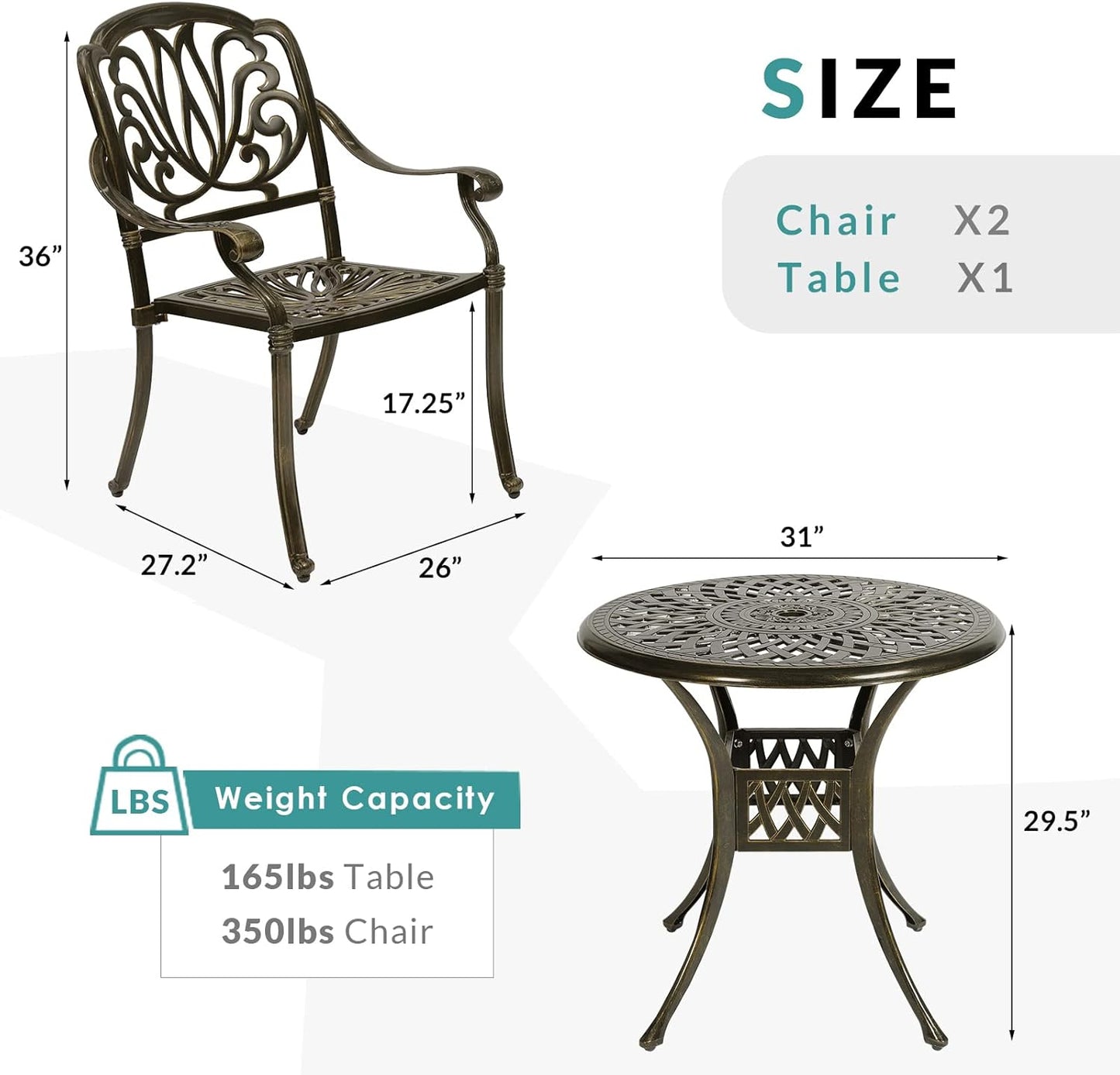 MEETWARM 3 Piece Patio Bistro Set, Outdoor All-Weather Cast Aluminum Dining Furniture Set Includes 2 Chairs and a 31” Round Table with Umbrella Hole for Garden Deck