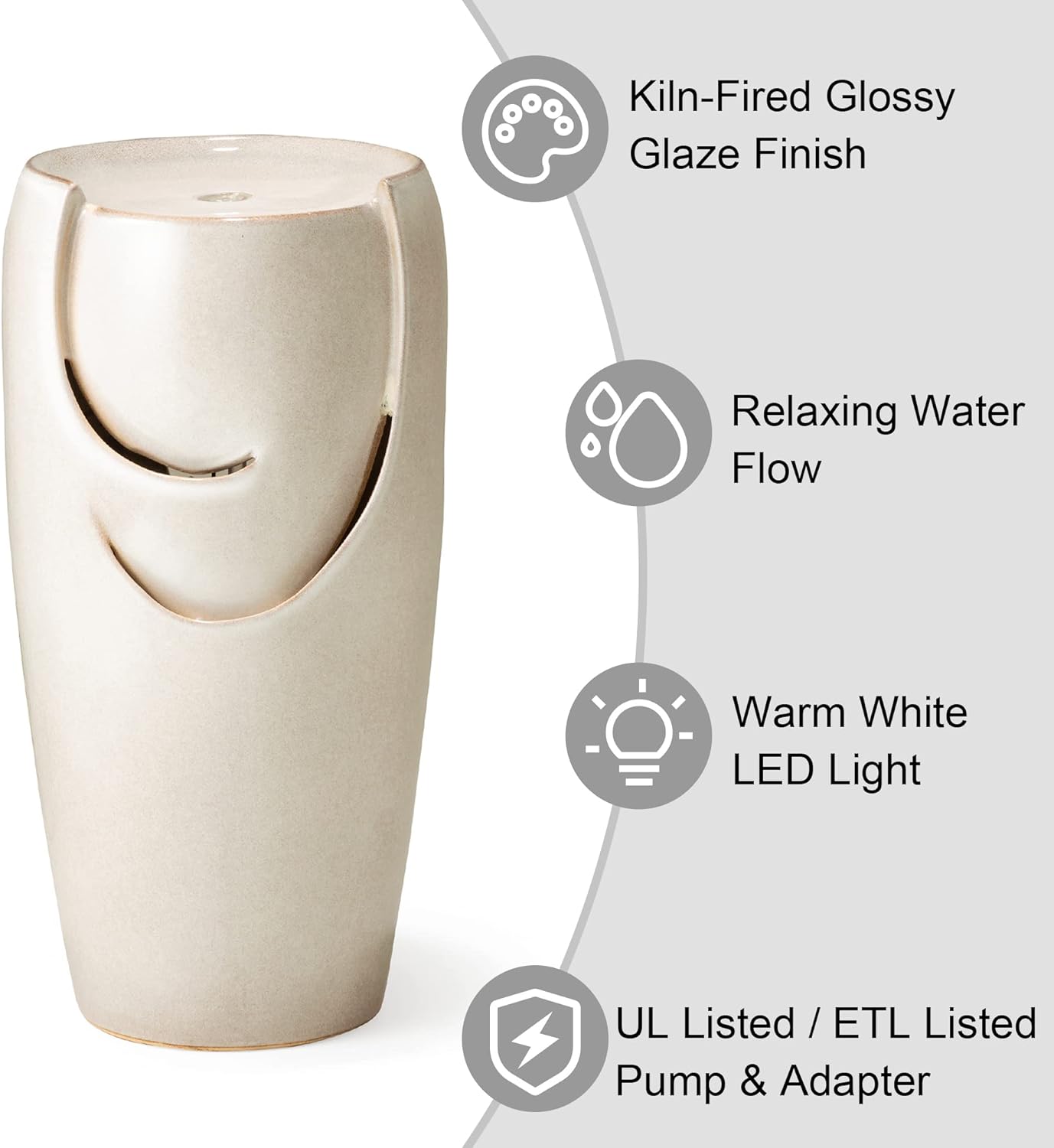 Glitzhome 29.25" H Oversized Ceramic Vase Outdoor Water Fountain Tall Patio Garden Water Fountain with LED Light and Submersible Pump Yard Art Decor, Sand Beige