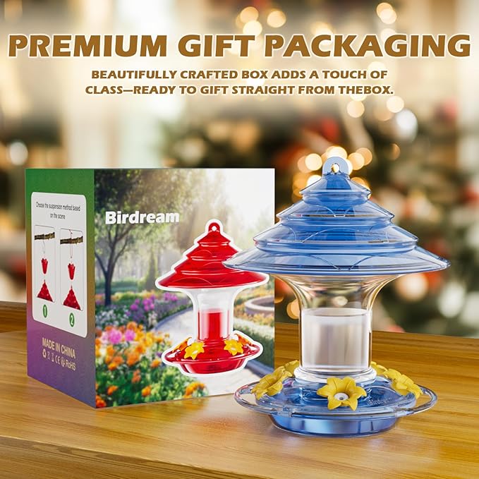 Birdream Hummingbird Feeder for Outdoors Hanging, 20oz Hummingbird Feeders with 5 Bee Guard Feeding Ports & Built-in Ant Moat Brush Leak-Proof for Outside Gifts for Women - Blue