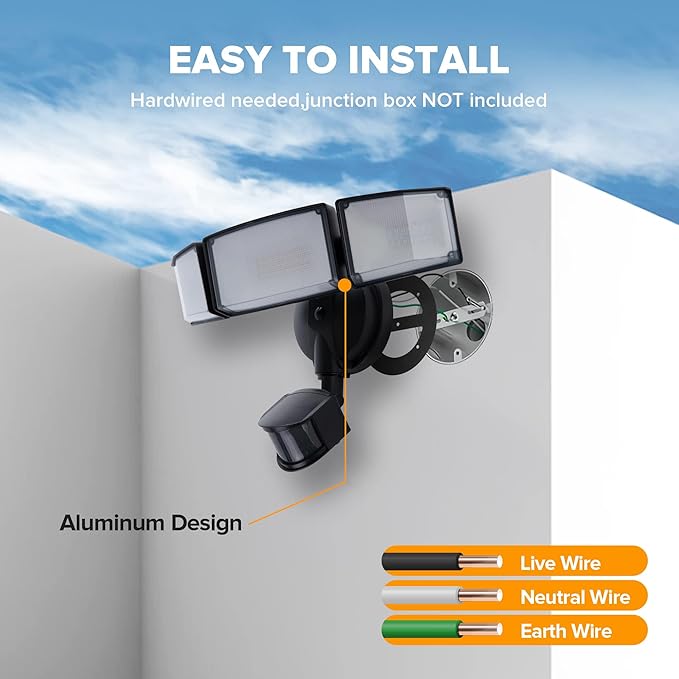 LUTEC 72W 7500LM LED Security Lights Motion Sensor Light Outdoor, 5000K Daylight, IP65 Waterproof, Dusk to Dawn, 3-Head Motion Detected Flood Light for Garage, Yard, Porch(Black)