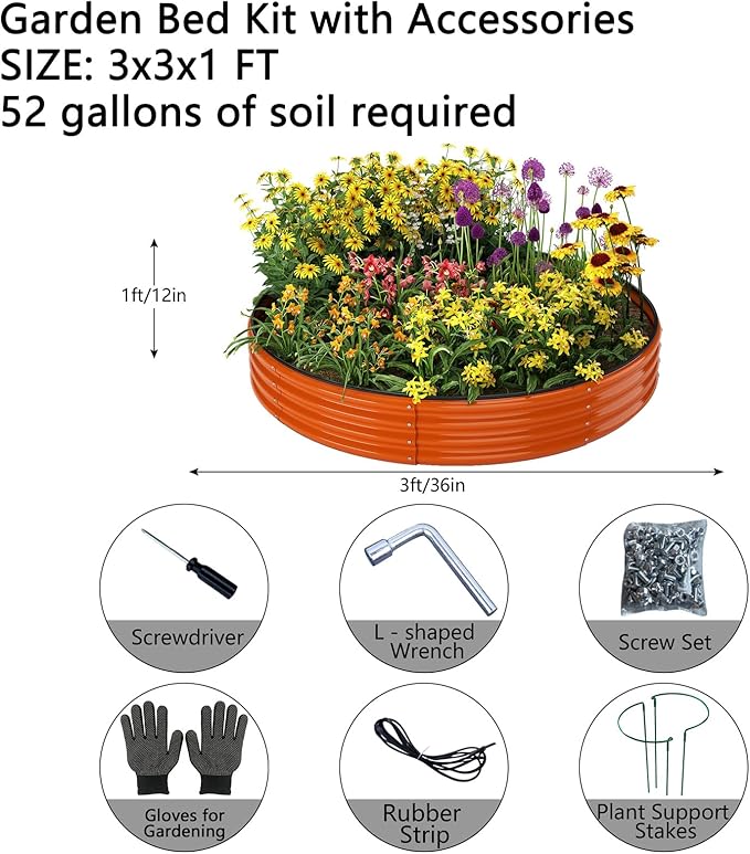 Galvanized Metal Planter Round Raised Garden Bed Kit for Gardening Outdoor,3x3x1ft Grow Garden Box Raised Flower Bed,Round Galvanized Planter Outdoor Large Metal Fire Pit Ring
