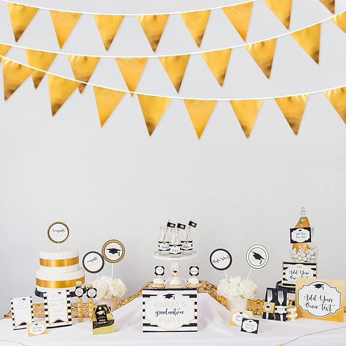 Gold Party Decorations Metallic Fabric Triangle Pennant Banner Gold Flag Bunting Garland for Graduation Birthday Wedding Anniversary Bridal Shower Bachelorette Engagement Hen Party Decoration Supplies