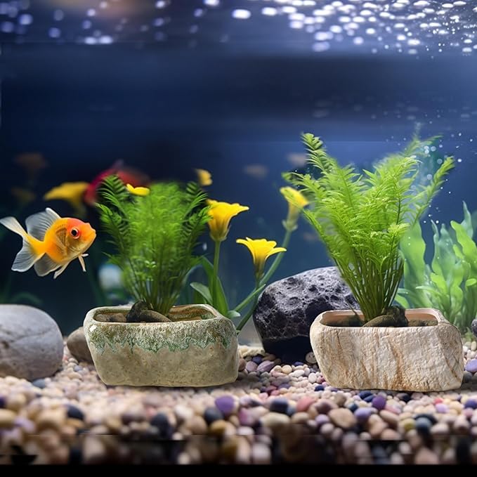 T4U 5.5 Inch Ceramic Succulent Pot Planter with Drainage Hole Set of 3, Stone Shape Rectangle Window Box Cactus Plant Containers Gift for Mom Sister Best for Home Office Table Desk Decoration