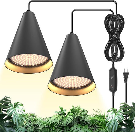 50W Double-Head Hanging Grow Lights for Indoor Plants, 3000K, Black LED Plant Light Bulbs with Timer and 16.4FT Power Cord, Perfect for Tall Plants, Gardens, Flowers, and Greenhouses