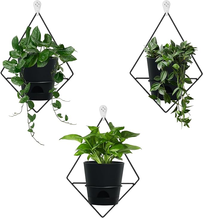 3 Sets of Wall Planters for Indoor Plants, Hanging Wall Planter with Black Metal Holder, Geometric Self Watering Wall Flower Pots, Wall Mounted Succulent Planter, 5" Black Plant Pot