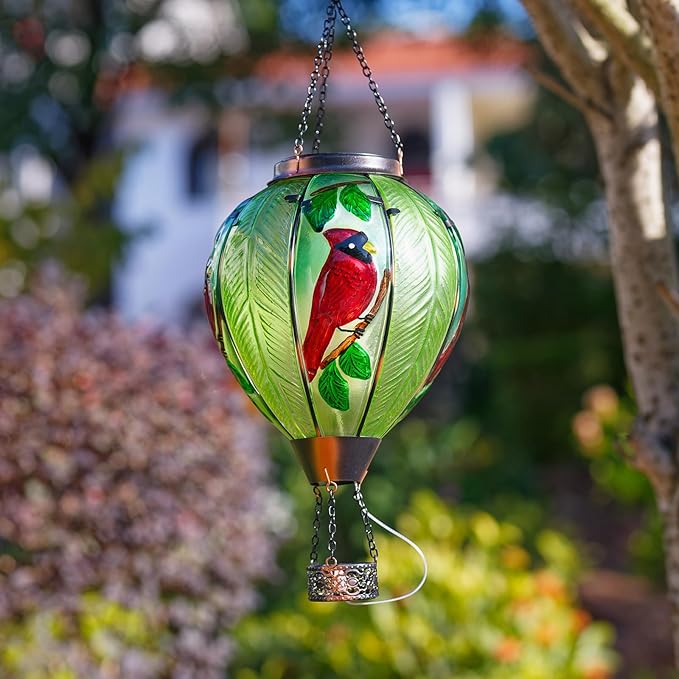 Large Hot Air Balloon Cardinal Solar Lantern Lights with Flame, Green Glass Balloon Lantern Waterproof Outdoor Decor for Garden Yard Patio, Birthday Mother's Day Gifts for Moms Women