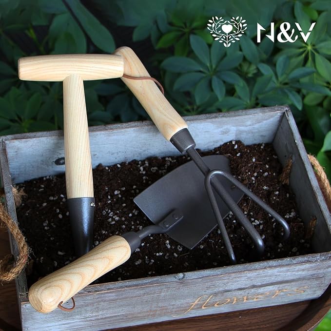 Japanese Gardening Tools Set, 3 Pcs Garden Tools Set, Nickel Plated Stainless Steel Heavy Duty Gardening Tools Kit, Hand Trowel, Dibble and Hand Rake