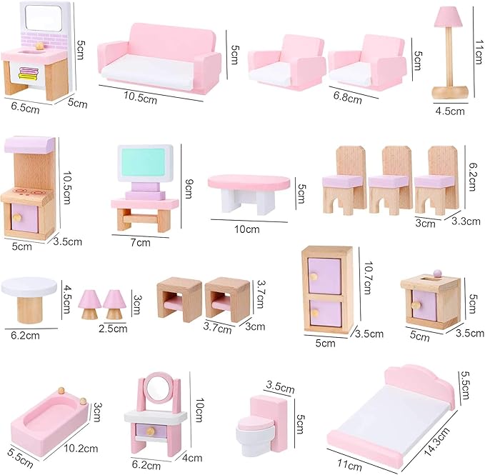 Sumind 30 Pcs Wooden Dollhouse Furniture Dollhouse Family Set of 8 Mini People Figures Dollhouse Accessories for Miniature Imaginative Play Toy