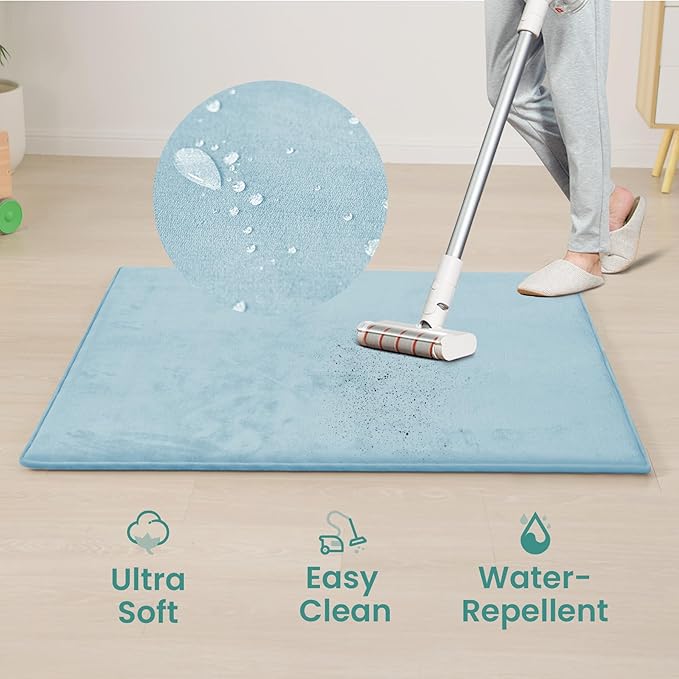 Baby Play Mat for Floor,1.3" Thick Elasti-Foam 50"×50" Playpen Mat for Tummy Time,Water Repellent Soft Coral Velvet for Toddler,Infant,Kids,Non-Slip Backing Safe for Crawling(Light Blue)