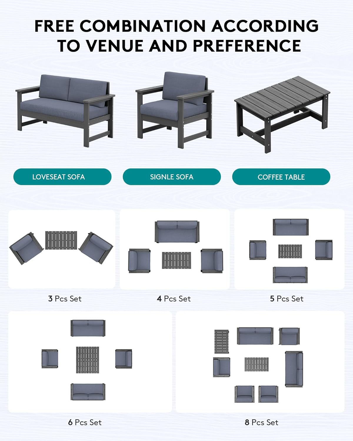 SERWALL 6 Pieces HDPE Outdoor Conversation Sofa Set with Cushions, All Weather Couch Loveseat Furniture with Coffee Table and Cushion, Outdoor Social Sofa Set, Grey Frame with Grey Cushions