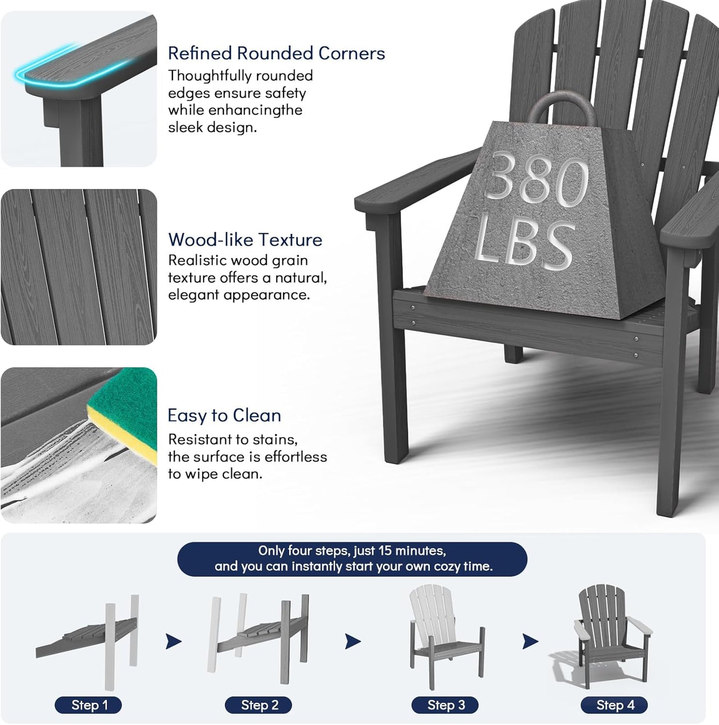 Stackable Adirondack Chair, HDPE Outdoor Patio Chair - Durable and Space Saving, Suitable for Porches, Lawns or Garden, Grey