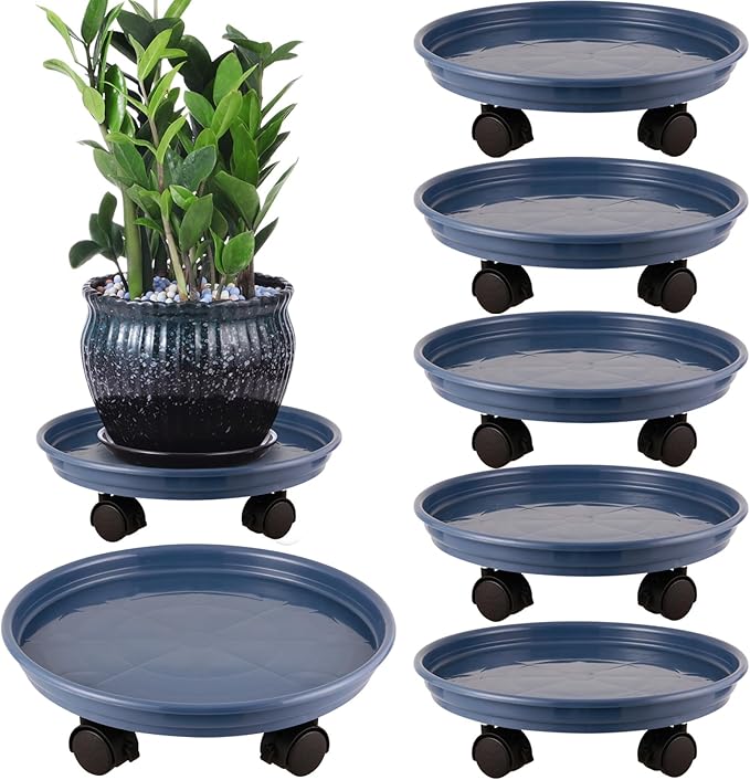 6 Packs Plastic Plant Caddy with Wheels 12" Plastic Rolling Plant Stands Heavy-duty Plant Dolly with Casters Indoor and Outdoor Plant Roller Base Wheels, Blue