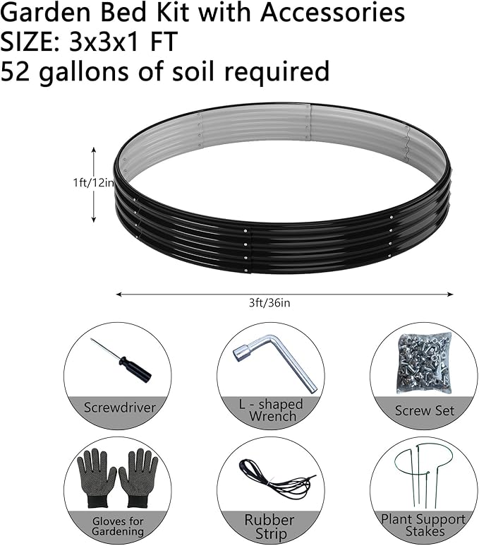 Galvanized Metal Planter Round Raised Garden Bed Kit for Gardening Outdoor,3x3x1ft 2PC Grow Garden Box Raised Flower Bed,Round Galvanized Planter Outdoor Large Metal Fire Pit Ring Black