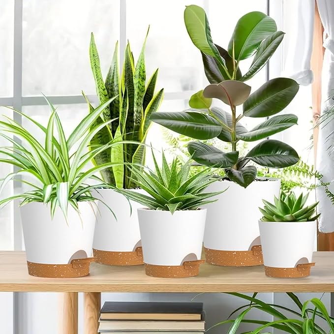 7/6.5/6/5.5/5/4 inch Self Watering Pots for Indoor Outdoor Plants, 6 Pack Plastic Flower Planters with Drainage Holes and Removable Saucers, Plant Pots with Wicking Rope, White Brown