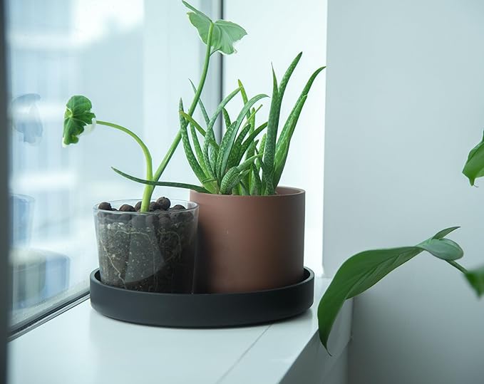 Phoenix Vine 10 Inch Plastic Plant Saucer Water Drip Tray, Heavy Sturdy Round Plant Drainage Tray for Indoors Outdoor, Set of 2, Matte Black, 21-TY-10B-2