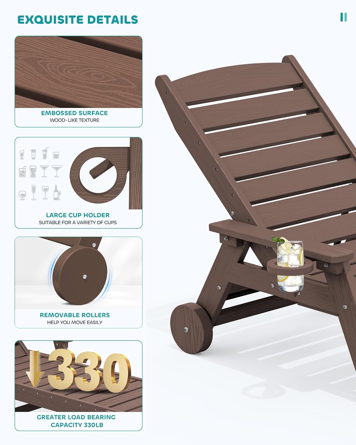 SERWALL Patio Chaise Lounge Chair Set of 2 with 9FT Patio Umbrella, 78'' HDPE Outdoor Lounger, Poly Lounge Chair with Rolling Wheels & Cup Holder for Pool,Coffee Brown (Umbrella Base not Included)