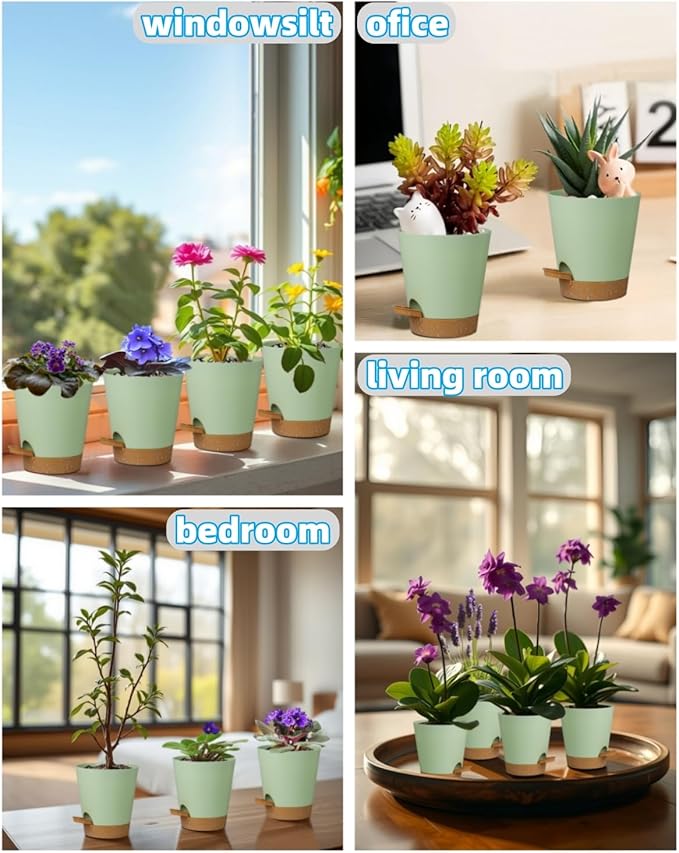 12 Pack 4 Inch Self Watering Plant Pots with Drainage and Saucers,Plastic Flower Pots for Indoor and Outdoor Plants, Nursery Planters for Houseplants and Herbs Green Brown, 4 inch 12pcs
