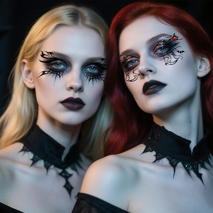 24 Pairs Halloween Eyeliner Temporary Tattoos for Adults, Face Eyes Fake Tattoos, Gothic Spooky Designs with Spiders Web, Bats, Cats, Skulls, Black