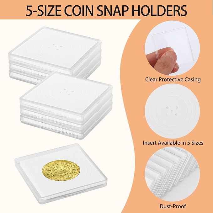 60 Pcs Coin Holders for Collectors, Clear Coin Cases with 5-Size Sponge Gaskets 20/25/30/35/40mm, Plastic Coin Slabs and Coin Protectors for Silver Dollar Collectors Collection Supplies, White