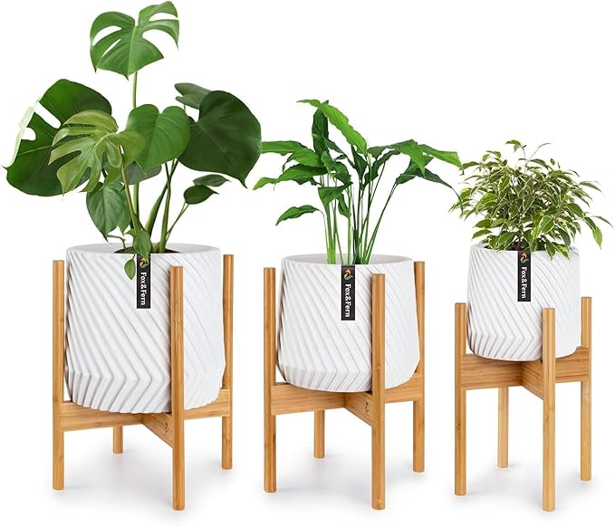 Fox & Fern Set of 3 Bamboo Plant Stand Indoor — Modern Raised Flower Pot Holders for 8, 10 & 11.8 Inch Planters (Not Included); Plug In Design; Two Height Options; Easy to Assemble - Bamboo