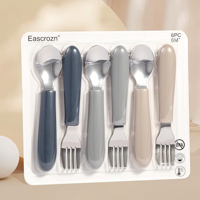 6 Pack Toddler Utensils, Kids Silverware Set with Silicone Handle, Children Safe Forks and Spoons, 18/8 Stainless Steel, Food Grade Silicone Feeding Supplies, Dishwasher Safe
