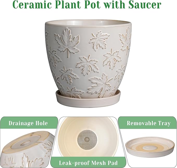 Ceramic Pots for Plants - 8 Inch Plant Pot with Drainage Hole and Saucer Large Planter Pot for Indoor Plants Outdoor Modern Flower Pot Home Decor White