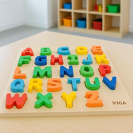 Chunky Uppercase Alphabet Puzzle for Toddlers – Wooden ABC Letter Learning Toy with Picture Matching – Educational Preschool Puzzle for Ages 18 Months+