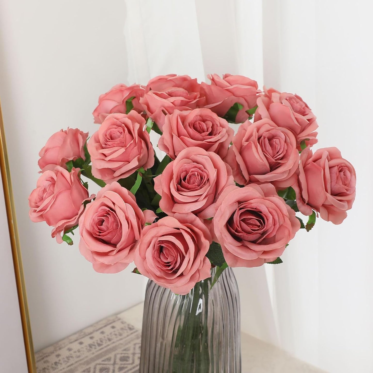 Pink Fake Roses Artificial Flowers - 10 Pcs Fake Artificial Roses Silk Flowers with Stems for Home Wedding Hotel Office Centerpiece Decor(Dusty Pink)