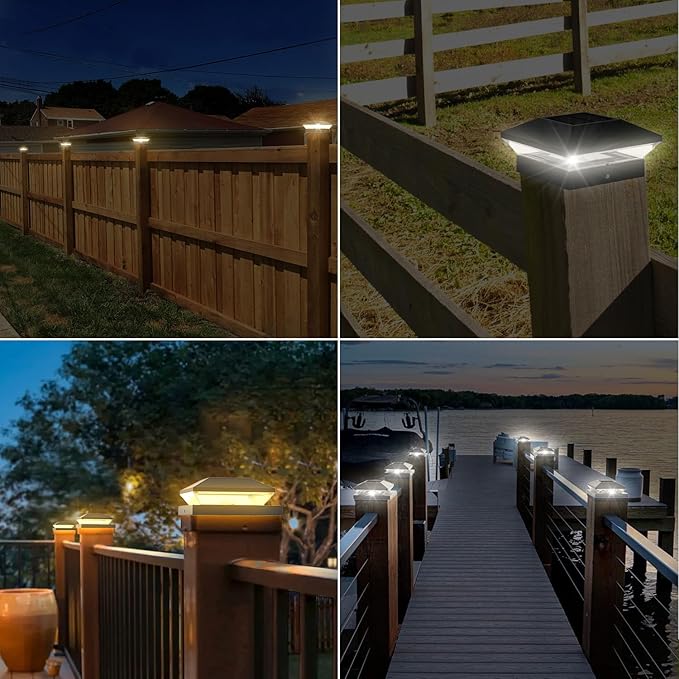 T-SUN Solar Post Cap Lights for 4x4/5x5/6x6 Posts (Wooden/Vinyl) | Waterproof Outdoor Solar Post Lights with Dual-Color Modes | Fence, Deck, Porch & Garden Lighting (6-Pack, Black)