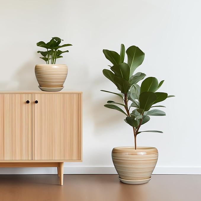 Ceramic Pots for Plants - 10 Inch 8 Inch 6 Inch Plant Pots with Drainage Holes and Saucers Large Planters for Indoor Plants Decorative Outdoor Flower Pots Set of 3 Yellow