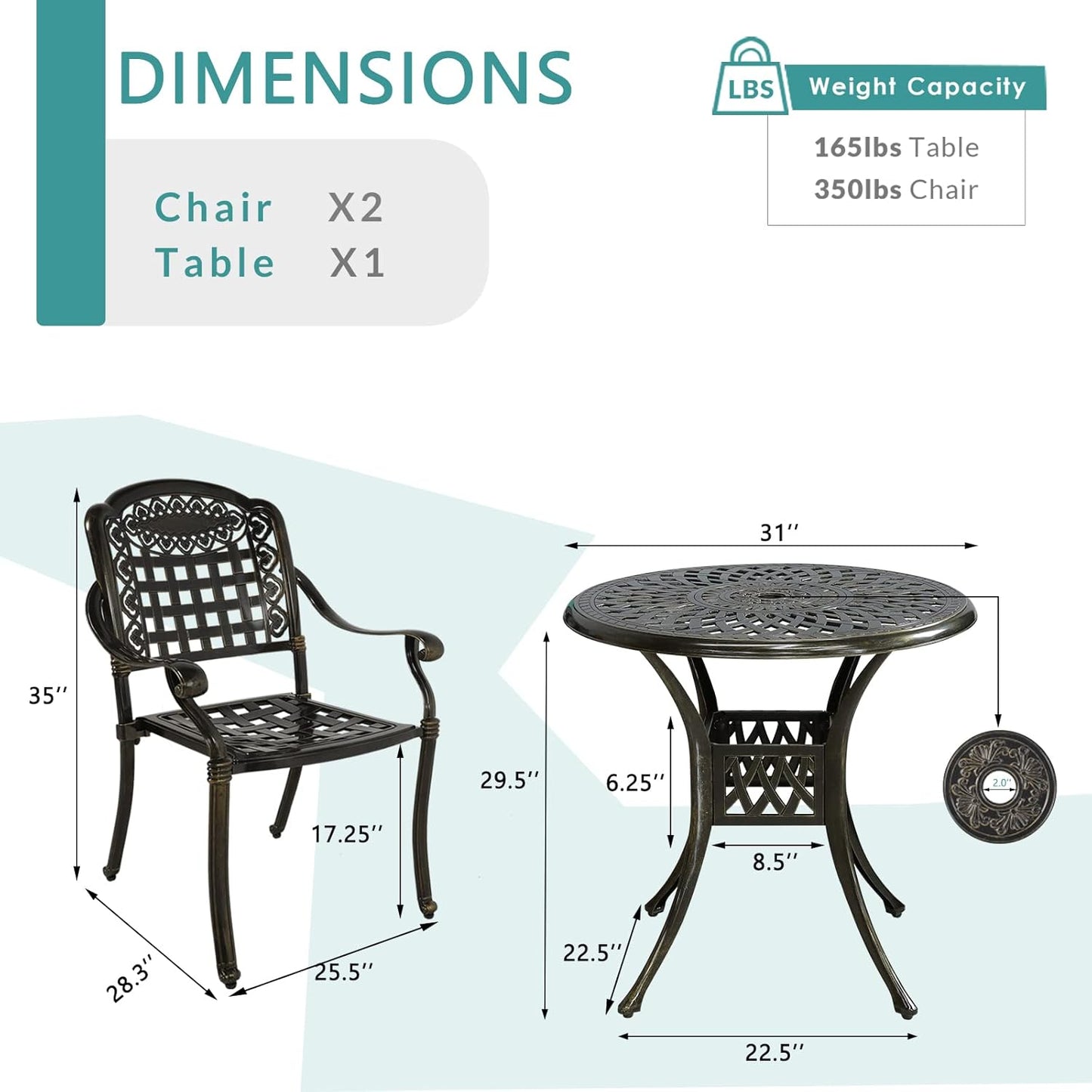 MEETWARM 3 Piece Patio Bistro Set, Outdoor All-Weather Cast Aluminum Dining Furniture Set Includes 2 Chairs and a 31” Round Table with Umbrella Hole for Garden Deck